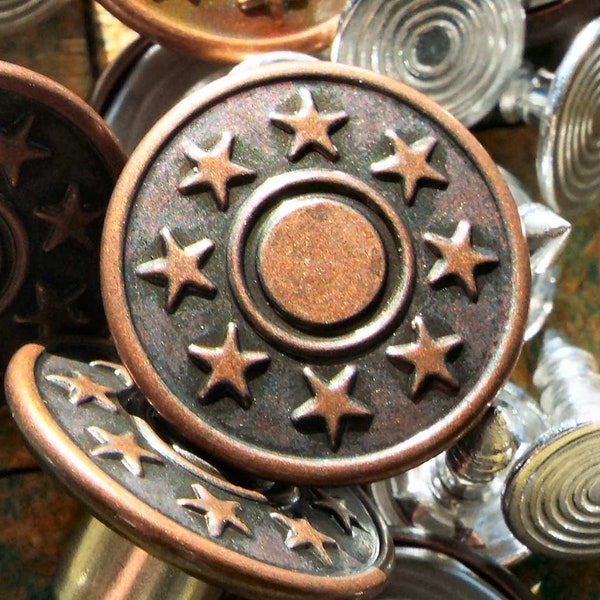 15 Tack Buttons, copper tone metal, 17mm, star bullseye,  jean jacket type, no sew, suspender buttons