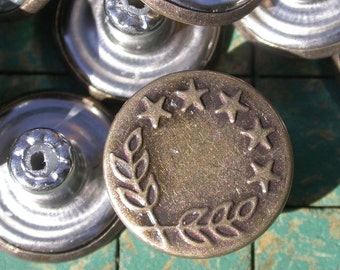 15 metal Wheat & Star Buttons, jean jacket, 17mm Tack Buttons  Bronze Tone  no sew