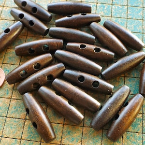 25 Wood Toggle Buttons, 1 3/8&quot; long, 3/8&quot; round, 2 hole, dark brown color, wood buttons