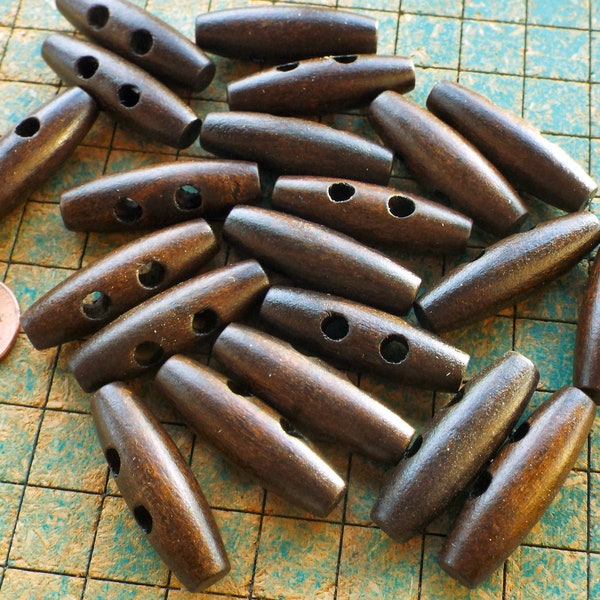 25 Wood Toggle Buttons, 1 3/8" long, 3/8" round, 2 hole, dark brown color, wood buttons