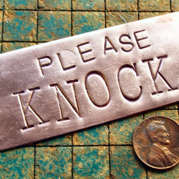 Please KNOCK, hand stamped copper, doorbell greeting sign, recycled copper alloy