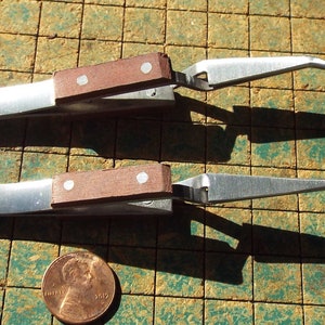 2 Clamp tweezers, fiber grip, 4 1/2&quot;, blunt serrated tip, 1 straight, 1 curved, jewelers, model makers, hobbyists