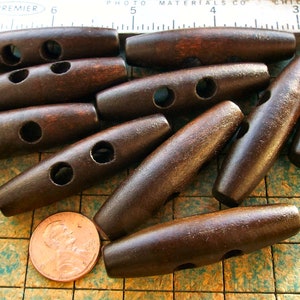10 Large Wood Toggle Buttons, 2&quot; long, 1/2&quot; round, 2 hole, black brown color, wood buttons, Very Large
