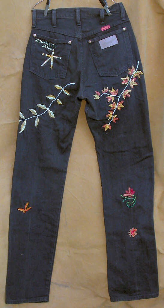 Leaf It Bee hand embroidered jeans upcycled Wranglers boho | Etsy