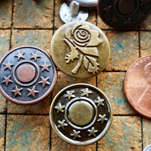 15 Metal Tack Buttons, 17mm, assortment, 5 each bronze, copper tone, rose, star. bullseye,  jean jacket type, no sew, suspender buttons