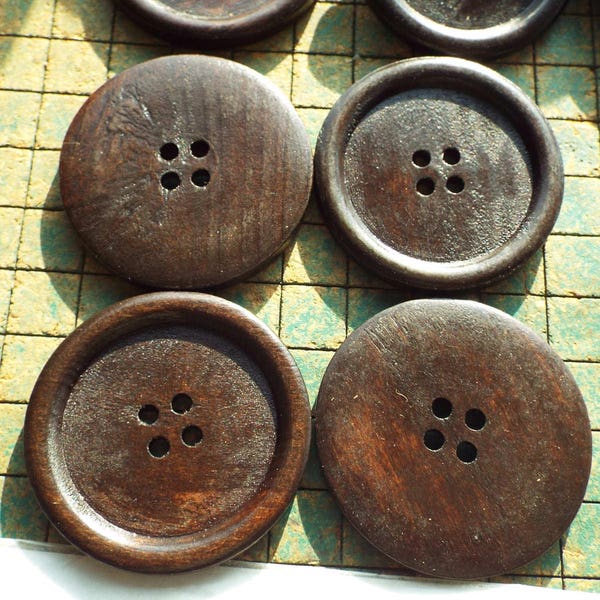 8 Extra Large Wood Buttons,  2 inch, dark brown finish, large almost black natural wood buttons