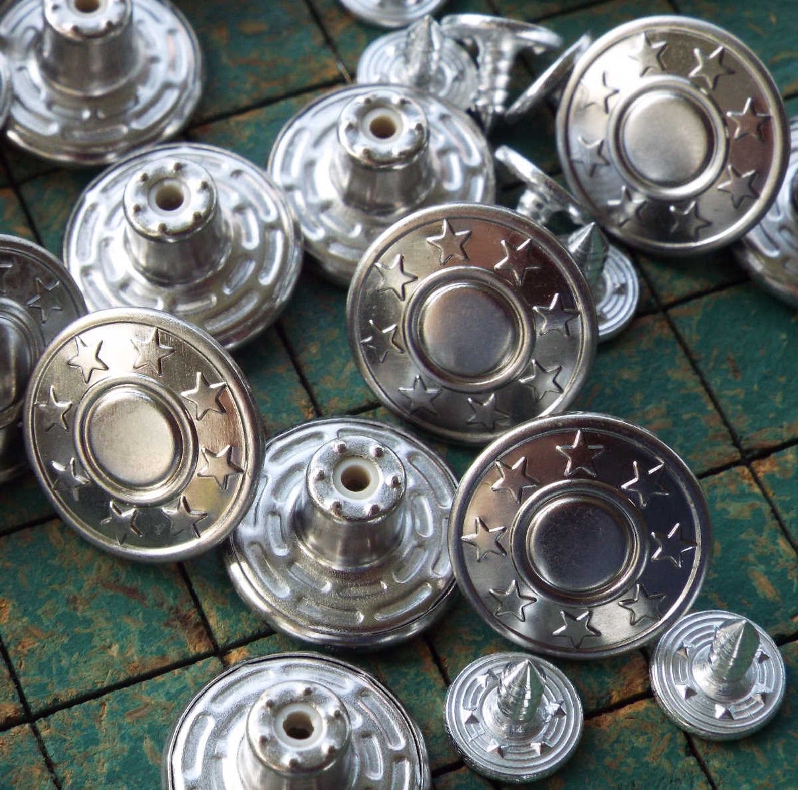 15 Tack Buttons 17mm Silver Tone Metal Star Bullseye Jean Etsy