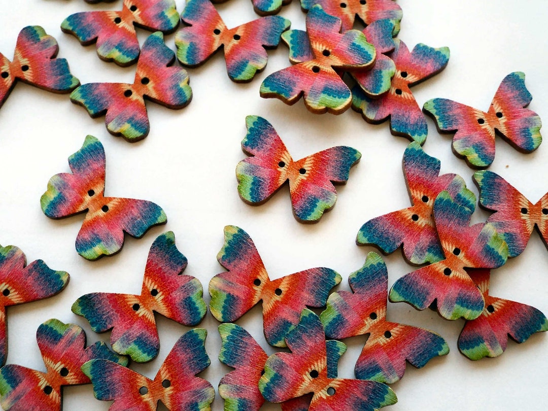 25 Wood Butterfly Buttons, 2 Hole, Rainbow, Sewing, Crafts ...