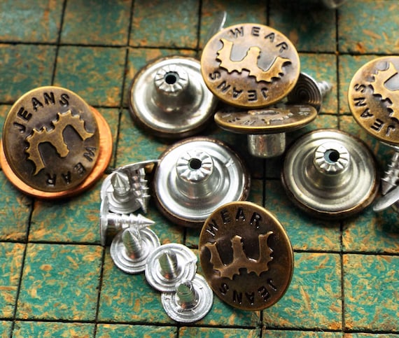 10 Metal Buttons, Wear Jeans, Replacement, 17mm, No Sew Tack
