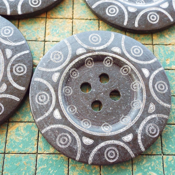 8 Extra Large Wood Buttons,  2 3/8 inch, dark brown with white pattern, large almost black natural wood buttons