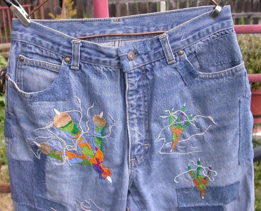 Denim Jeans Patched Embroidered Upcycled Sasson Dragon - Etsy
