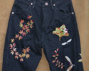 Leaf It Bee, hand embroidered jeans, upcycled Wranglers, boho, black denim, Resurrected Jeans, leaves, vines, bees, festival