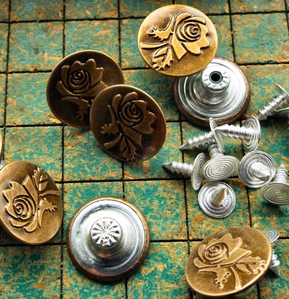 15 Metal Buttons With Rose, 17mm, No Sew Tack Button, Bronze Tone Metal,  Jean Jacket Button, Flower, Sewing Supply, Denim Repair 