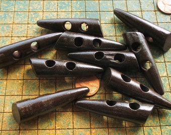 6 Wood Horn Shaped Toggle Buttons, 2 1/4" long, 1/2" round, 2 hole, black color, wood buttons