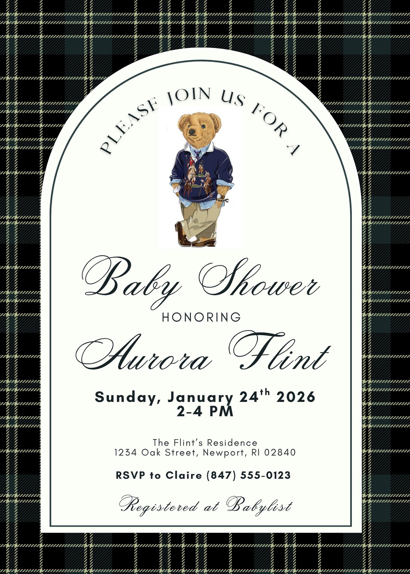 Preppy Polo Bear Baby Shower Invitation | Classic Vintage Plaid Tartan ...
