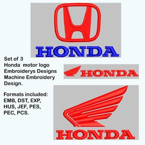 Puede incluir: Un conjunto de tres diseños de bordado del logotipo de Honda. Los diseños incluyen el logotipo de Honda en rojo, la marca denominativa Honda en azul y un logotipo de ala roja con la marca denominativa Honda. Formatos: EMB, DST, EXP, HUS, JEF, PES, PEC, PCS.