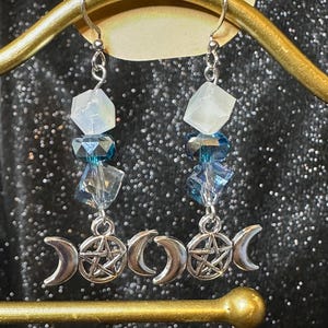 Silver Triple Moon Goddess Dangle Earrings