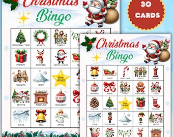 May include: A set of 30 Christmas bingo cards, featuring festive images like a Christmas tree, Santa Claus, reindeer, and a fireplace. The cards are printed on white paper with a green border and are ready to be used for a fun holiday game.