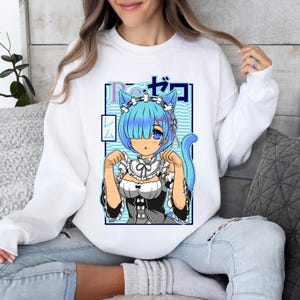 Sudadera unisex de chica de anime con cabello azul, jersey de dibujos animados kawaii, ropa estética otaku, jersey de manga japonés, lindo personaje de anime