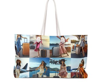 May include: Large tote bag featuring a collage of images of women with luggage, suggesting travel and fashion. The images are set against various scenic backgrounds, including beaches and airplanes. The bag has a white rope handle.