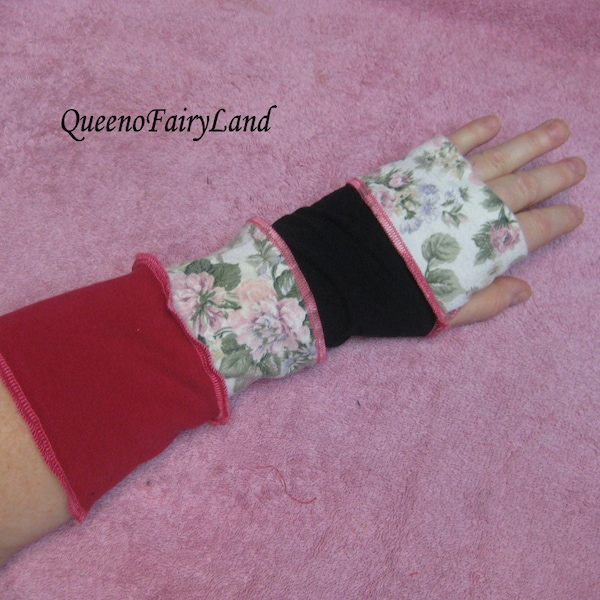 Stretchy knit finger-less gloves, Arm Warmers, Upcycled Red/Black/Flowers hand wrist sleeve decoration, arm cuff right/left pair