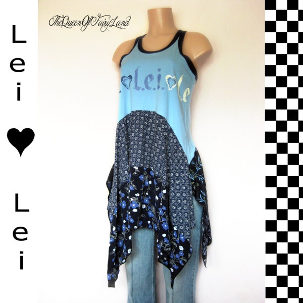 Recycled Clothes, Up-cycled Blue L.e.i. Tunic, Medium, Boho, Hippie, Junk Gypsy Style, altered couture tunic, Eclectic Tunic, ECO, Q236