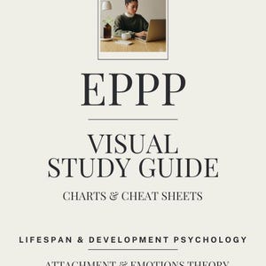 May include: A visual study guide for the EPPP exam, featuring charts and cheat sheets. The guide covers lifespan and development psychology, attachment and emotions theory, birth defects, and cognitive development theories.
