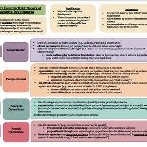 May include: A chart illustrating Piaget's Constructivist Theory of Cognitive Development. The chart is divided into four stages: Sensorimotor, Preoperational, Concrete Operational, and Formal Operational. Each stage is described with key characteristics and examples. The chart also includes information about equilibration and adaptation.