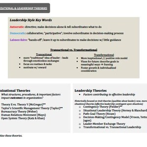May include: A diagram outlining organizational and leadership theories. The diagram is divided into two sections: Organizational Theories and Leadership Theories. The Organizational Theories section includes a list of theories such as Theory X vs. Theory Y, Taylor's Scientific Management Theory, Bureaucracy Theory, Human Relations Movement, and Open System Theory. The Leadership Theories section includes a list of theories such as Contingency Theory, Situational Leadership Theory, Path-Goal Theory, Decision-Making/Contingency Model, Leader-Member Exchange Theory, and Transformational vs. Transactional Leadership.