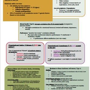 May include: A yellow and green chart with the title "Job Satisfaction + Organizational Commitment + Stress/Burnout State". The chart is divided into three sections: Job Satisfaction, Organizational Justice + Fairness, and Organizational Commitment. Each section contains a list of factors that contribute to the topic.