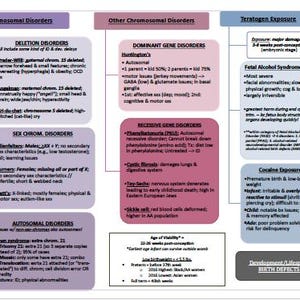 May include: A diagram illustrating different types of chromosomal disorders, including deletion disorders, sex chromosome disorders, and autosomal disorders. The diagram also includes information on dominant and recessive gene disorders, as well as teratogen exposure, including fetal alcohol syndrome and cocaine exposure.