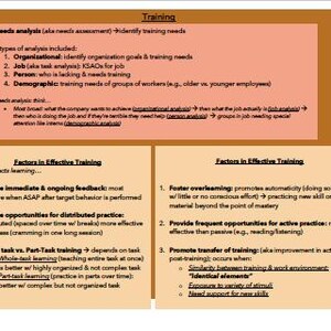 May include: A brown and orange chart with the title "Training" and headings "Needs Analysis" and "Factors in Effective Training". The chart outlines the different types of needs analysis and factors that contribute to effective training.