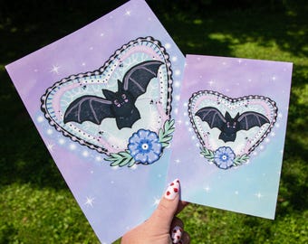 Pastel Goth Bat Art Print, Creepy Gothic Decor