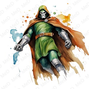 May include: Watercolor illustration of a superhero in a green tunic, brown cape, and silver armor. The character has a metal mask and a brown belt. The background features colorful paint splatters, creating a dynamic and artistic effect.
