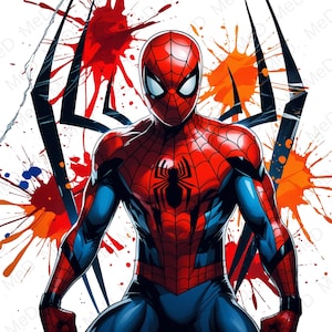 May include: A digital illustration of Spider-Man in a dynamic pose, showcasing his iconic red and blue suit with a black spider emblem. The background features vibrant splashes of red, orange, and blue, and black angular shapes.