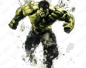May include: A green and black illustration of the Hulk, a superhero, in a fighting pose. The image is set against a white background with green and black splatters of paint.