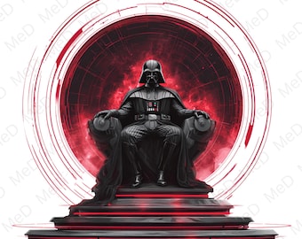 Op de afbeelding: Digitale illustratie van Darth Vader zittend op een troon. Het kunstwerk heeft een donker kleurenpalet met rode accenten, waaronder een cirkelvormig ontwerp achter het personage en gloeiende lijnen op de trappen van de troon.
