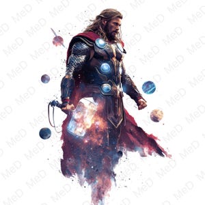 May include: Digital illustration of Thor, a superhero, holding a glowing hammer. He wears a detailed suit of armour with blue accents and a red cape. The background features a cosmic nebula and planets.