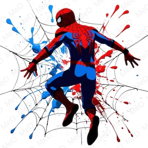 May include: A dynamic illustration of Spider-Man in a classic red and blue suit, mid-action against a white backdrop. The artwork features a spider web and colorful paint splatters in red and blue, enhancing the superhero theme.
