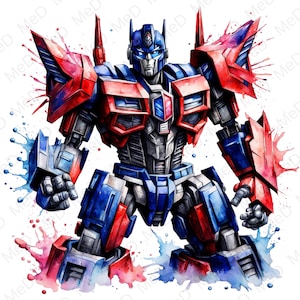 Könnte beinhalten: Ein Aquarellbild eines rot-blauen Roboters mit einer silbernen Brustplatte. Der Roboter steht in einer Pose mit ausgestreckten Armen. Der Hintergrund ist eine weiße Leinwand mit Spritzern von rosa, blauer und roter Farbe.