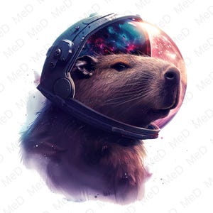 May include: A brown capybara wearing a dark gray astronaut helmet with a clear visor. The visor reflects a vibrant nebula with shades of blue, purple, and pink. The background features a soft, watercolor-style purple and blue gradient.