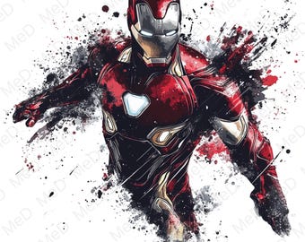 May include: A digital illustration of Iron Man in a red and gold suit, with a white background and red and black paint splatters.