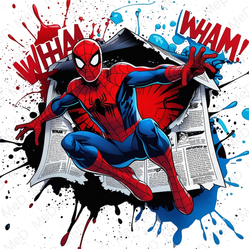 May include: A dynamic illustration of Spider-Man in a red and blue suit, leaping from a torn newspaper. The image features bold red and blue paint splatters and the word "WHAM!" in red, capturing a comic book style.