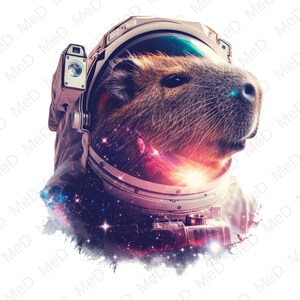 May include: A brown capybara wearing a white and metallic space helmet. The helmet visor reflects a vibrant nebula with purple, pink, and blue cosmic colors, stars, and a bright light. The text MeD is repeated in the background.