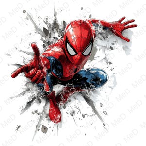 May include: A dynamic illustration of Spider-Man in a red and blue suit, breaking through a white background. The artwork features detailed shading and a sense of movement, with the character's pose and the shattered effect adding to the action.