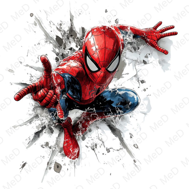 May include: A dynamic illustration of Spider-Man in a red and blue suit, breaking through a white background. The artwork features detailed shading and a sense of movement, with the character's pose and the shattered effect adding to the action.