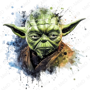 Pode incluir: Uma pintura em aquarela de Yoda, um personagem alienígena verde de Star Wars, com uma expressão séria. O fundo é uma aquarela azul e branca.