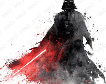 Op de afbeelding: Waterverfillustratie van Darth Vader in zwart en grijs, met een rood lichtzwaard. Het kunstwerk heeft een spat-effect, waardoor een dramatische en artistieke weergave van het iconische personage uit de Star Wars-saga ontstaat.