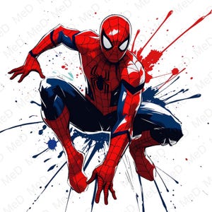 May include: Illustration of Spider-Man in a dynamic pose, rendered in vibrant red and blue. The superhero is depicted crouching, with a black spider emblem on his chest. Splatter effects in red and blue add a sense of action and movement to the artwork.