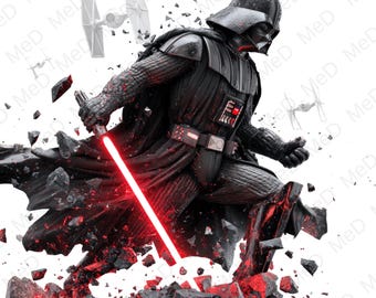 Op de afbeelding: Een digitale illustratie van Darth Vader, gekleed in zwart pantser, met een rood lichtzwaard. De afbeelding toont een dynamische pose met puin en een TIE-jager op de achtergrond, tegen een witte achtergrond. Het kunstwerk heeft een dramatisch, actiegericht thema.
